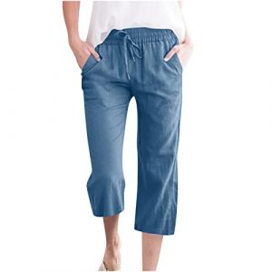 Pantalon Fluide Femme &Eacute;t&eacute; Fluide Coton Lin Taille Haute Elastique D&eacute;contract&eacute;s Pantalons Mode Chanvre Confortable Jogging Plage R&eacute;tro Pants L&eacute;ger Respirant Pantalon avec Poches Pas Cher (⭐⭐⭐⭐⭐5.0 Yaair-OEF, neuf)