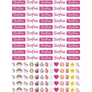 Étiquettes autocollantes personnalisées pour filles avec nom pour filles, imperméables, lot de 50 pièces féminines de couleur rose avec de jolis dessins à thème. (Sofia) (Corredino Neonato, neuf)