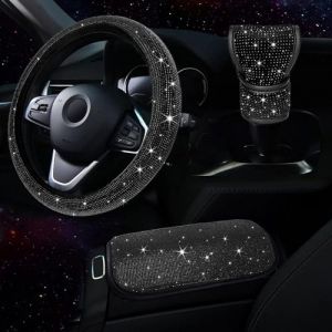 Pumwoy Couvre Volant Paillette Strass, Couvre Volant Universelle en Cristal 36-38cm, Bling Bling Couverture Volant Voiture Strass Housse de Volant à Paillettes Bling (Noir) (Fenebity, neuf)