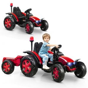 COSTWAY 12V Tracteur Électrique Enfant avec Remorque Amovible & Télécommande 2,4G, Voiture Électrique avec Lumière & Musique, Cheminée & Feu, 3-8 km/h, Charge 30kg pour Enfants de 3-8 Ans (FDS GmbH, neuf)