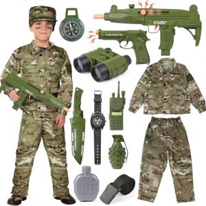 vamei 13pcs Déguisement Militaire Garçon Costume Armée Soldat Enfant avec Talkie-Walkie Mitraillette Chapeau Camouflage pour Enfants Garçons Filles 10-11Ans (vamei, neuf)