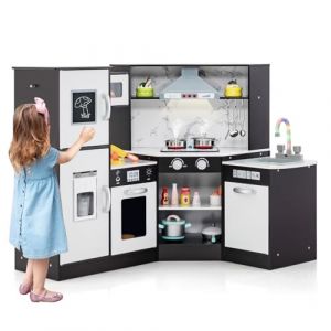 HOMASIS Cuisine d'angle pour Enfants en Bois, Cuisine Jouet avec lumi&egrave;re, Son et Vapeur, 16 Accessoires Inclus, Cuisine Jouet avec &eacute;vier, cuisini&egrave;re, Four, Micro-Ondes, Machine &agrave; gla&ccedil;ons (Marron) (Homasis, neuf)