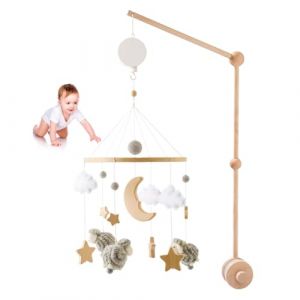 Mobile Musical Bébé, Mobile Bébé Bois, Mobile Lit Bébé Mouton avec Support Mobile Bébé Réglable et Boîte à Musique, Chambre de Bébé Cloche de Lit,Décoration de Berceau Garçon et Fille (Gris) (iShang Direct, neuf)