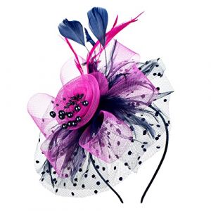 Bibi pour mariage, élégant bandeau en maille avec cheveux en plumes pour femme, cocktail, thé, mariage, fleur en maille, plumes, pince à cheveux, chapeau de fête (bleu marine, taille unique) (MengLA, neuf)