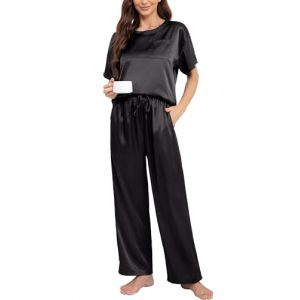 Nanxson Femmes Satin Pyjama Set Deux Pi&egrave;ces Pyjama Manches Courtes Pyjama avec Long Pyjama Pantalons Ensemble Soft Casual Wear(L, Noir) (Nasisa, neuf)