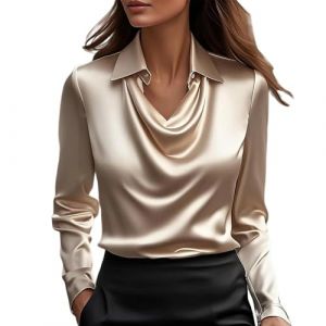 Chemisier Femme - Satin - &agrave; Col Rond - Manches Longues - Chemisier Femme Chic et &Eacute;l&eacute;gante - D&eacute;contract&eacute; - Soie Shirts Tops - Chemisiers et Blouses Femmes de Travail de Bureau(Rose Gold,M) (yiTuIsI, neuf)
