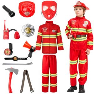 Lubolee Costume Carnaval Pompier Enfant avec Casque, Masque et Divers Accessoires de Pompier, D&eacute;guisement Pompier Enfant pour Carnaval, Halloween et F&ecirc;tes d'Anniversaire (110) (Bobolele, neuf)