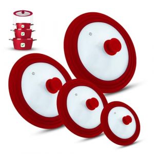 M.S.N Lot de 4 Couvercles Universels en Verre pour Casseroles et Po&ecirc;les 16/18/20, 20/22/24, 24/26/28, 28/30/32 cm, Avec Valve d'&Eacute;chappement et Bord en Silicone (Rouge) (M.S.N, neuf)
