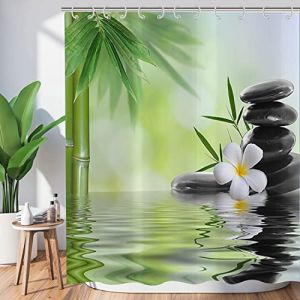 Hnmdmyi Rideau de Douche Zen Jardin 120x180, Spa Bambou Vert Pierre Noire Fleur Blanche, Baignoire M&eacute;ditation Japonaise D&eacute;tente, Tissu &Eacute;tanche Lavable avec Crochets (Keluni-shangmao, neuf)