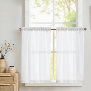 Vangao Lot de 2 Rideaux Brise-bise, avec Passe-Tringle, Aspect Lin, Style Maison de Campagne, Blancs, Courts, Semi-Transparents, 65 x 90 cm (l x H), pour Caravane, Cuisine, bistrot (Hangzhou Fangao, neuf)