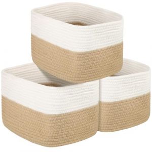 Aevcvok 3 Panier Rangement, Corbeille en Coton Tressé, Petits Paniers à Linge, Grand Paniers de Rangement avec Anses Invisible pour Salon, Panier à Jouets pour Chambre d'enfant,36x25x22cm,Jute & Blanc (Avokuya, neuf)
