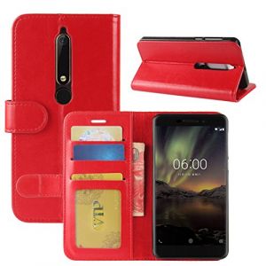 HualuBro Coque Nokia 6.1, Etui Housse à Rabat en Retro PU Cuir Flip Leather Case Cover Antichoc Portefeuille Protection Stand Coque avec Slots de Cartes pour Nokia 6.1 / Nokia 6 2018 - Rouge (HualuBro EU, neuf)