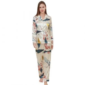 RuanMM Ensemble de Pyjama en Satin Soyeux pour Femme, Haut &agrave; Manches Longues et v&ecirc;tements de Nuit Longs et Soyeux, Pyjama boutonn&eacute;, v&ecirc;tements de Nuit | Multicolore-Blanc-L (Shanghai PinShan Industrial Co., Ltd., neuf)