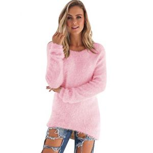 Pull Long Maille Femme Oversize Pull Mohair Col Rond Femme Chandail Femme Large Tricot Pull Grosse Maille Manche Longue Femme Chaud Loose Ample Hiver Chandails Grosses Mailles Sweater Femme Rose L (Pengniao, neuf)