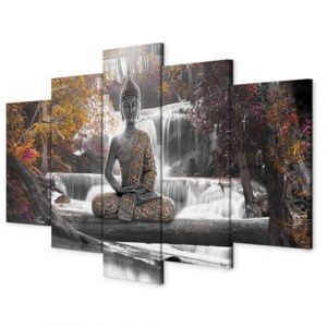 B&D XXL - Tableau décoratif paysage 200x100 cm - Impression sur toile colorée - Décoration murale pour salon et chambre - Bouddha forêt nature orienter cascade arbres rivière paysage c-A-0021-b-p (murando, neuf)
