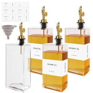 Otauoaea Lot de 4 Bouteille Huile 500ml Distributeur Huile d'Olive,Verseur Huile d'Olive Carré,Automatique Bouteille Huile et Vinaigre pour Cuisine - Avec étiquettes et Entonnoir (Versatile official, neuf)