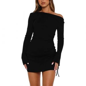 AOWVUTS Robe Femme Manches Longues Sexy Mini Robe Moulante &Eacute;paules D&eacute;nud&eacute;es Robes Courte Chic et Elegant Cordon de Serrage Robes Fendue de Soir&eacute;e Plis Slim Fit pour Cocktail F&ecirc;te Clubbing Automne (Foshan City Dange Auto Co., neuf)