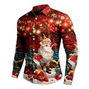 Chemise de Noel Homme Manches Longues Rouge Tee Shirt 3D Imprimer Pull de Noel Moche Cadeaux No&euml;l Chic Chemisette Mode Vetement sans Repassage Grande Taille (YINYUAN（Livraison en 5 &agrave; 8 jours), neuf)