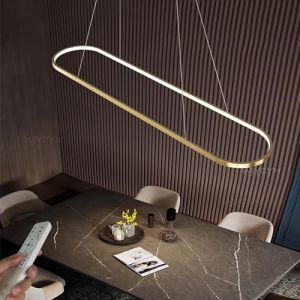Lustre LED ovale &agrave; intensit&eacute; variable Suspension moderne de table de bureau Lampes anneau t&eacute;l&eacute;commande Suspension r&eacute;glable hauteur salle de travail Salle de s&eacute;jour Cuisinelampe B:Gold L120cm 52W (chennuoshangmao, neuf)
