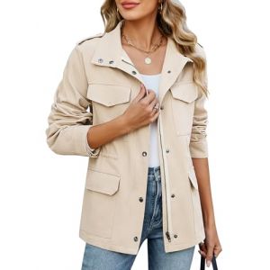 CMTOP Veste Femme mi Saison Court L&eacute;ger Blouson en Coton, D&eacute;contract&eacute; &Eacute;l&eacute;gante Jacket Saharienne Veste Manteau avec Multi Poches pour Printemps &Eacute;t&eacute; Automne(Beige,L) (Lemens, neuf)
