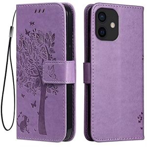 Topme &Eacute;tui en Cuir pour iPhone 12 Mini (5.4" inches), [ Coque Housse de T&eacute;l&eacute;phone Style Motif Chat Et Arbre] - Violet Clair (topme, neuf)