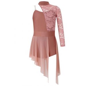 TTAO Enfant Fille Robe Ballet Danse Classique Asym&eacute;trique Une Manche Longue Justaucorps Gymnastique Dentelle L&eacute;otard Jazz Latine Robe Sport Patinage Dancewear 5-16 Ans Rose poussi&eacute;reux E 7-8 Ans (TTAOSHOP EU, neuf)
