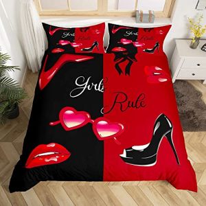 Mariage Th&egrave;me Housse de Couette Mode Femme Maquillage Parure de Lit 220x240cm Sexy L&egrave;vres Rouges Chaussures &Agrave; Talons Hauts Parure Housse de Couette Rouge Noir Couple Romantique Saint Valentin (Bofanshangmao, neuf)