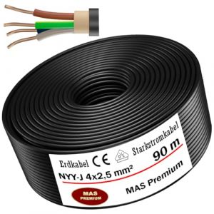 Câble de terre Produit de qualité allemande Câble électrique avec anneau pour pose en extérieur et en terre Câble d'alimentation standard Fabriqué en Allemagne (NYY-J 4 x 2,5 mm², 90 m) (MAS-Premium, neuf)
