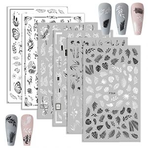 6 Feuilles Stickers Nail Art Autocollants Ongles Blanc Noir Motif Fleur Plante Feuille Décoration Ongle Accessoires Bricolage Manucure Ongle Cadeau Femme Fille (Wei Er TongMaoYi, neuf)