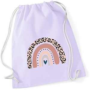 Sac de gym pour enfant en coton avec arc-en-ciel en rose | Motif imprimé LEO pour fille | Sac à dos en tissu à cordon de serrage, Violet pastel. (minimutz, neuf)