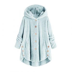 KHIRVWL Veste D'hiver En Polaire R&eacute;versible Pour Femme - Manteau En Laine Boutonn&eacute;e - Manteau D'hiver &agrave; Capuche- Blouson Pelucheuse Avec Poche - Outerwear De Couleur Unie De Pyjama (KHIRVWL-FR, neuf)