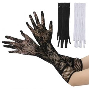 DOKRIN Gants et moufles femme, gants dentelle 2 paires de gants &eacute;lastiques sexy en dentelle r&eacute;sille de style r&eacute;tro adapt&eacute;s aux mariages &agrave; Halloween aux soir&eacute;es &agrave; th&egrave;me et aux r&eacute;unions (noir, blanc) (IOANA BEST CLOTHES, neuf)