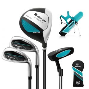 COSTWAY Ensemble Club de Golf Portable pour Enfants de 8 à 10 Ans, Set de Golf Complet Sac Trépied avec Capuche Anti-Pluie Driver #1 Fers #7 et #S et Putter, pour Droitier(Bleu) (FDS GmbH, neuf)
