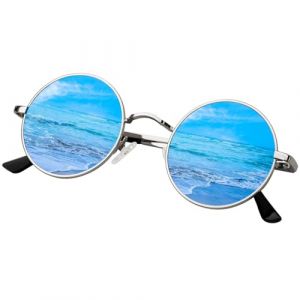 KANASTAL Lunettes de Soleil Ronde Polaris&eacute;e pour Homme et Femme Vintage Lunette de Soleil Bleu Miroir Hippie Steampunk R&eacute;tro Classique UV400 (kanastal, neuf)
