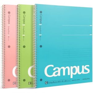 KOKUYO Campus (WSG-SU-400G1&times;3) Lot de 3 cahiers &agrave; spirales, 26,4 x 20,3 cm, lign&eacute;s universitaires, 80 feuilles (160 pages), r&eacute;sistant aux bavures, rose, bleu ciel, vert, fabriqu&eacute; au Japon (Fast Media Ships From USA, neuf)