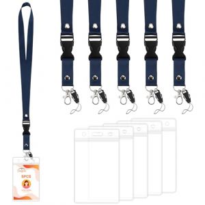 Segus Cordon Badge, 5 Pi&egrave;ces Cordon Tour de Cou avec Porte Badge, Tour de Cou Clef avec Boucle D&eacute;tachable, Porte Carte Transparent, pour Employ&eacute;, M&eacute;decins (Bleu Fonc&eacute;, Vertical) (Segus, neuf)