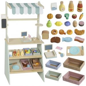 AIYAPLAY Supermarché pour Enfant 34 pièces, marchande en Bois avec Tableau Noir, Caisse enregistreuse et Accessoires, Jeu d'épicerie pour Enfants de 3 Ans et Plus, Vert (Aosom FR, neuf)