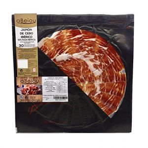 aBeiou. Plateau de JAMBON IBÉRIQUE COUPE À LA MAIN comme à la maison, par un maître jambon. PRÊT À SERVIR Fermeture automatique.Patanegra. Affiné +30 mois. Certificat de garantie Hycer. 100gr (SICNAS, neuf)