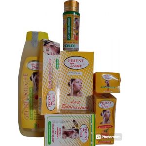 Gamme piment doux (lait 500ml, creme visage 25g, serum 120ml, savon 250g) aux acides de fruits, éclaircissant, blanchissant, anti-tache noires et brunes (GROUP 3N, neuf)