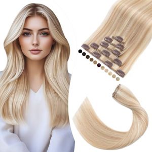 Elailite Extension a Clip Cheveux Naturel #18+613 SABLE BLOND MECHE BLOND CLAIR - Rajout Cheveux Clip in Human Hair 5 Mèches 55cm 75g (Naughty Fashion Mode, neuf)