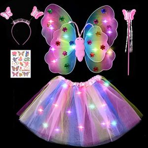 Tacobear D&eacute;guisement F&eacute;e Lumineux Ailes de F&eacute;e Enfant LED Tutu Jupe Tulle Fille Ailes de Papillon Serre-t&ecirc;te Baguette Magique Tatouage Costume F&eacute;e Anniversaire Halloween Carnaval No&euml;l Cosplay (Color&eacute;) (Tacobear EU, neuf)