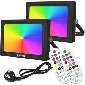 MEIHUA 35W Projecteur RGB Exterieur 10 Couleurs 12 Modes Spot LED Couleur avec 360&deg; RF Telecommande 6 Niveaux de Luminosit&eacute; Minuterie IP66 &Eacute;tanche Lampe RGB pour Jardin Bar Halloween No&euml;l Lot de 2 (lingdong-Direct, neuf)