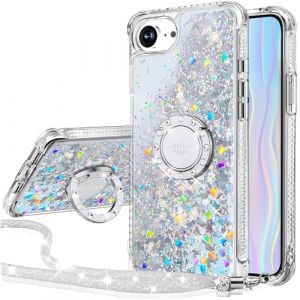 Silverback Coque pour iPhone 16e, Téléphone en Silicone Paillette avec Support à Anneau pour Filles, Etui de Protection en Gel Liquide pour iPhone 16E - Argent (Miss Arts -FR, neuf)
