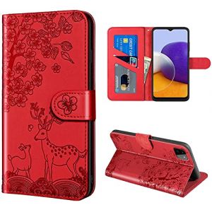 Aisenth Coque pour Samsung Galaxy A22 5G, Fleur Cerf Sika Animaux Motif &Eacute;tui &agrave; Rabat, Housse de Protection en Cuir Synth&eacute;tique Portefeuille avec Fentes pour Cartes, Fonction de Support, Rouge (Aisensi, neuf)