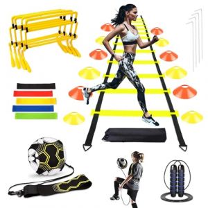 Accessoires D'entra&icirc;nement de Football, avec &eacute;chelle de Coordination de 6m 12 C&ocirc;nes 4 Haies Entra&icirc;neur de Football Corde &agrave; Sauter Bandes de R&eacute;sistance Cadeaux de Football pour Gar&ccedil;ons et Enfants (ignoremexi, neuf)