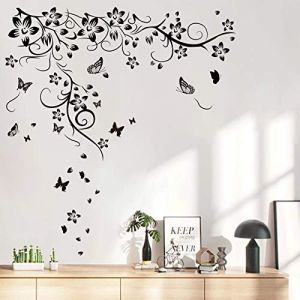 Runtoo Sticker Muraux Fleurs et Papillons Autocollant Mural Vigne Noir Amovible Deco Stickers Chambre Enfant Salon Tete de Lit Decoration (Decalplanet-EU, neuf)