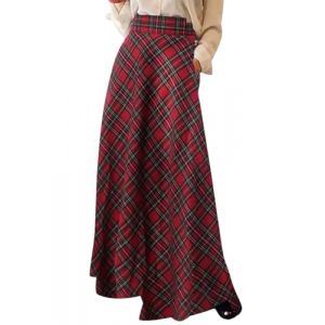 shownicer Jupe Longue Femme Hiver Taille Haute Vintage &Eacute;l&eacute;gant Carreaux Maxi Jupe Taille &eacute;lastique A-Line Midi Jupe Pliss&eacute;e A Rouge L (Bang Okay Design, neuf)