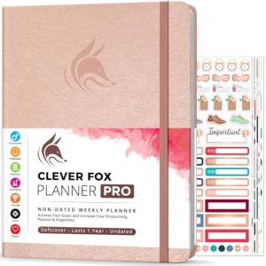 Agenda Clever Fox PRO - Agenda de vie hebdomadaire et mensuel pour augmenter la productivit&eacute;, la gestion du temps et atteindre vos objectifs - Organisateur, Dur&eacute;e 1 an - A4, Non dat&eacute; (Or rose) (SVD COM, neuf)