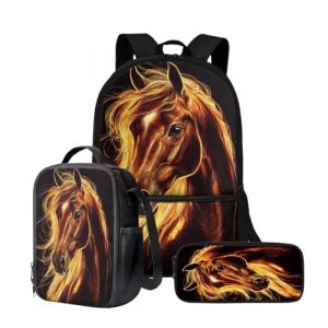 Wnbucioht Sac à dos 3 en 1 pour enfants garçons avec sac à déjeuner isotherme, porte-crayon, Cheval d'art marron, Taille unique, Ensemble cartable (xiaohedianzishangwu, neuf)