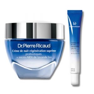 Dr Pierre Ricaud &ndash; Duo Nuit Cr&egrave;me et Contour Yeux Anti-&Acirc;ge aux probiotiques et micro-ARN de lavande bio - Cr&egrave;me de Nuit R&eacute;g&eacute;n&eacute;ration Supr&ecirc;me aux Probiotiques Bio 40 ml + Contour des Yeux Nuit 15 ml (Dr. Pierre Ricaud, neuf)